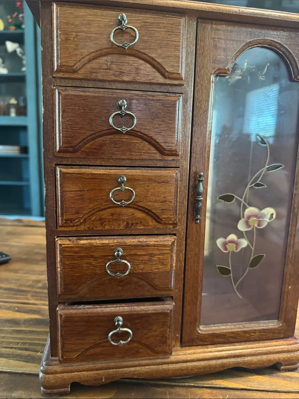 Wood Finish Jewelry Armoire with Floral Glass Door